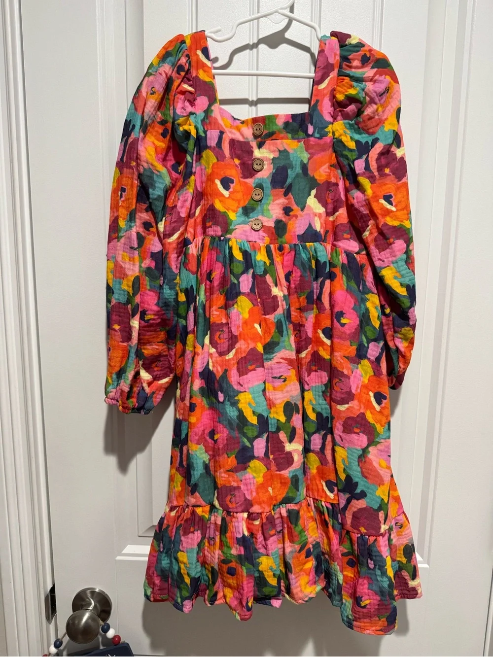 cheeky plum Vibrant Floral Puff-Sleeve Dress in Pink, Orange & Green